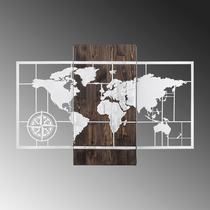 Wallity World Map With Compass - Silver